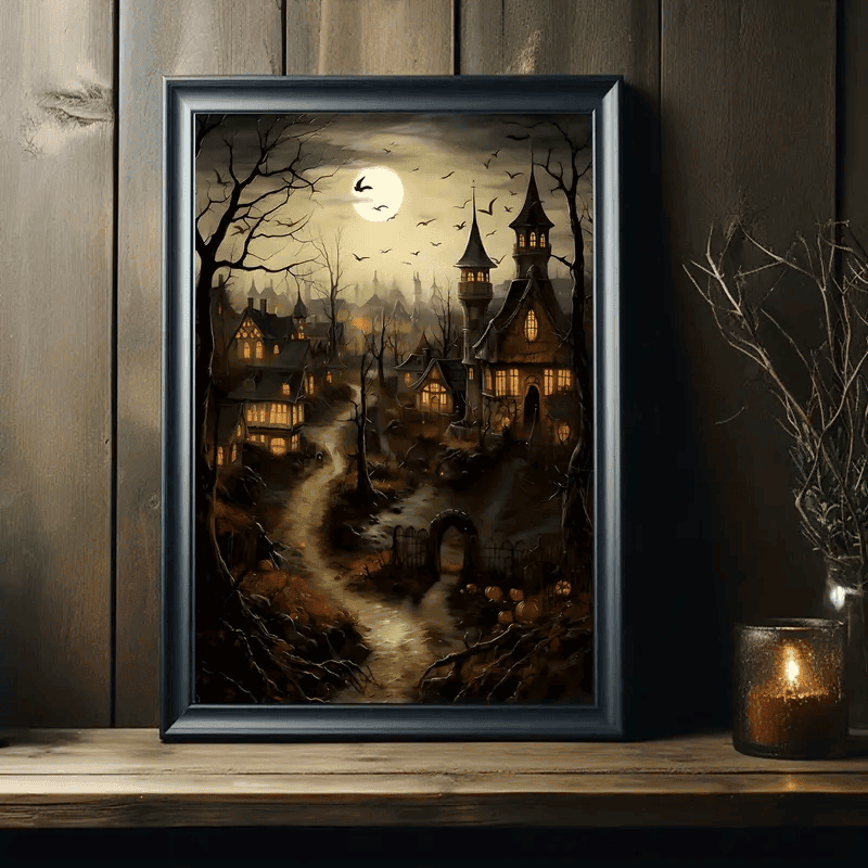 1pc Old Village With Pumpkins, Castle Landscape Halloween Countryside Print, Farmhouse Dark Academia, Cottage Decor, Vintage Poster, Gothic Canvas Painting, Gothic Halloween Decor