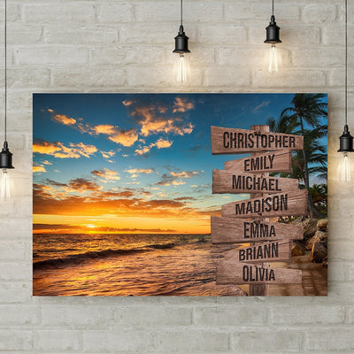 Sunset Beach Ocean Personalize Canvas Wall Art With Name, Custom Family Street Sign Canvas, Family Name Canvas Sign, Multi Name Canvas Gift