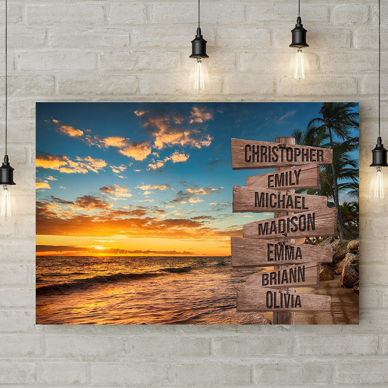 Sunset Beach Ocean Personalize Canvas Wall Art With Name, Custom Family Street Sign Canvas, Family Name Canvas Sign, Multi Name Canvas Gift