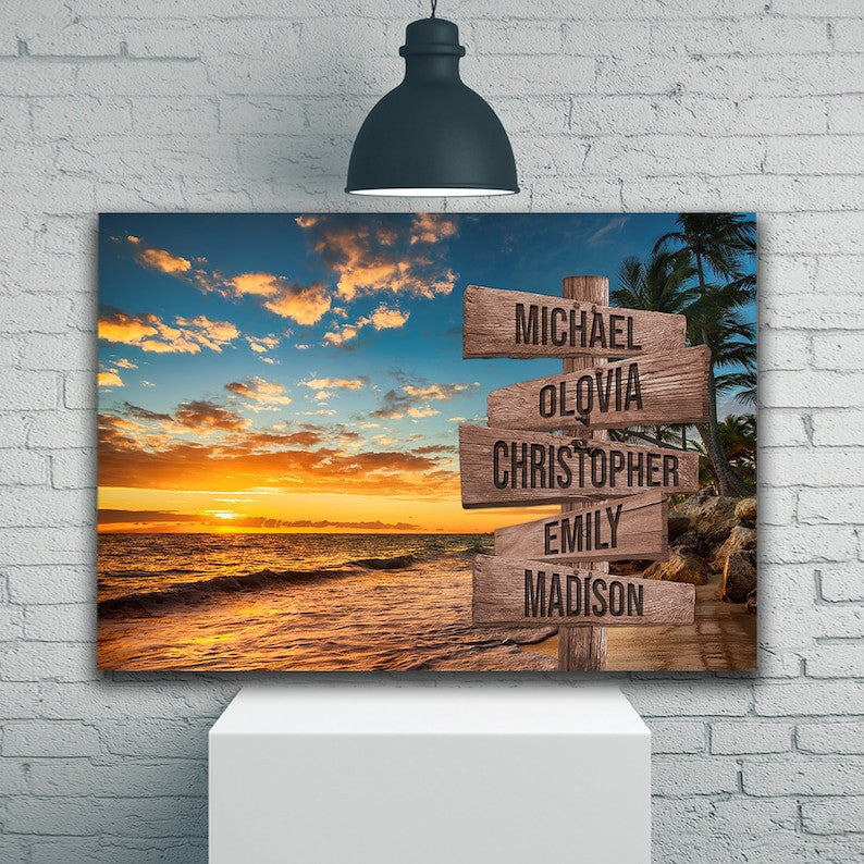 Sunset Beach Ocean Personalize Canvas Wall Art With Name, Custom Family Street Sign Canvas, Family Name Canvas Sign, Multi Name Canvas Gift