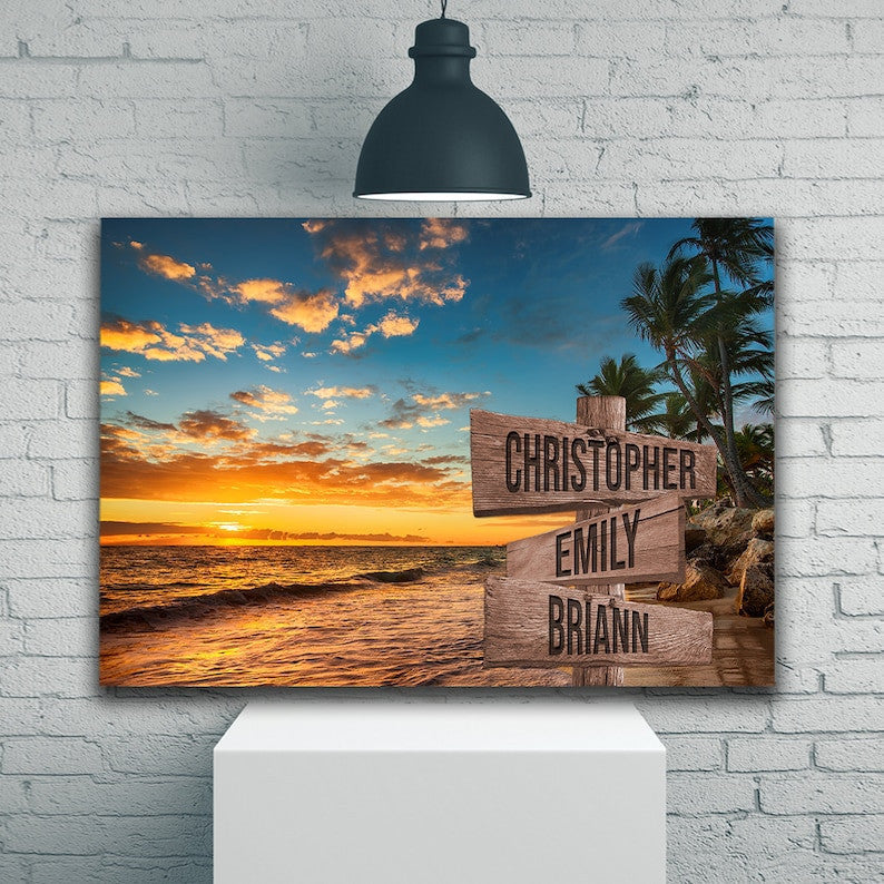 Sunset Beach Ocean Personalize Canvas Wall Art With Name, Custom Family Street Sign Canvas, Family Name Canvas Sign, Multi Name Canvas Gift