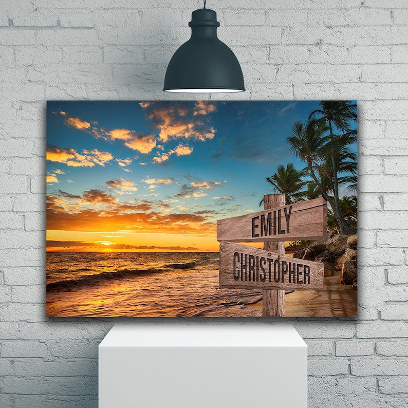 Sunset Beach Ocean Personalize Canvas Wall Art With Name, Custom Family Street Sign Canvas, Family Name Canvas Sign, Multi Name Canvas Gift