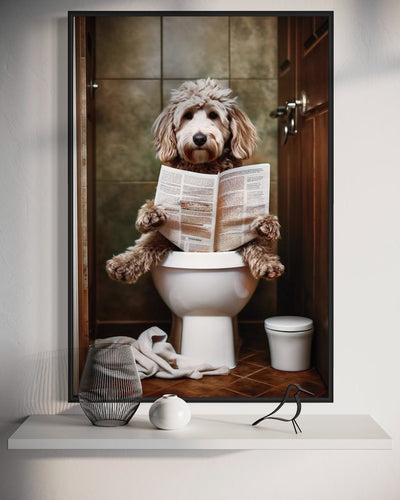 Goldendoodle Dog On The Toilet Reading Newspaper Canvas Poster, Funny Bathroom Art, Toilet Humor Animal Print or Canvas Framed Unframed Ready To Hang