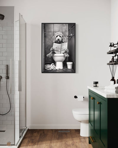 Goldendoodle Dog On The Toilet Reading Newspaper Canvas Poster, Funny Bathroom Art, Toilet Humor Animal Print or Canvas Framed Unframed Ready To Hang