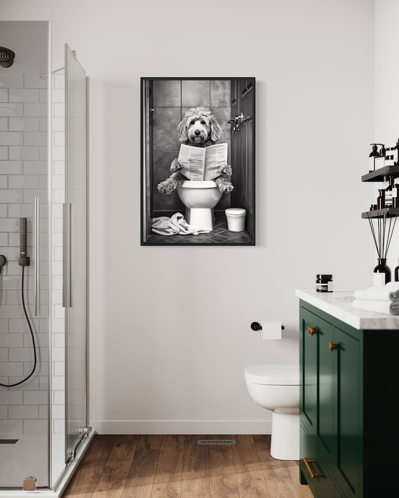 Goldendoodle Dog On The Toilet Reading Newspaper Canvas Poster, Funny Bathroom Art, Toilet Humor Animal Print or Canvas Framed Unframed Ready To Hang