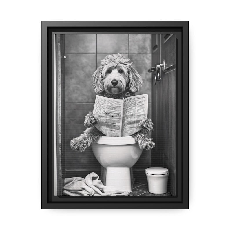 Goldendoodle Dog On The Toilet Reading Newspaper Canvas Poster, Funny Bathroom Art, Toilet Humor Animal Print or Canvas Framed Unframed Ready To Hang