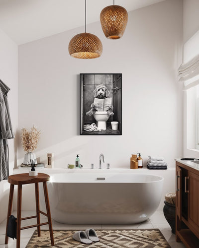Goldendoodle Dog On The Toilet Reading Newspaper Canvas Poster, Funny Bathroom Art, Toilet Humor Animal Print or Canvas Framed Unframed Ready To Hang