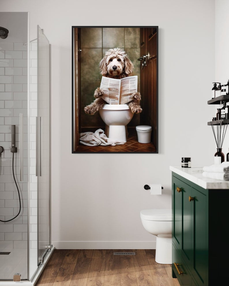 Goldendoodle Dog On The Toilet Reading Newspaper Canvas Poster, Funny Bathroom Art, Toilet Humor Animal Print or Canvas Framed Unframed Ready To Hang