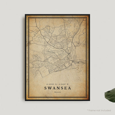 Swansea Vintage Map Print, Swansea Retro Map Poster, Antique Style Map, Wales, Office Wall Art, Housewarming Birthday Gift