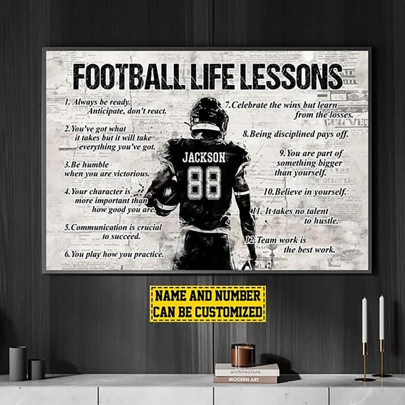 Football Life Lessons, Personalized Motivational Football Boy Canvas Painting, Inspirational Quotes Art, Poster Gift For Football Lovers