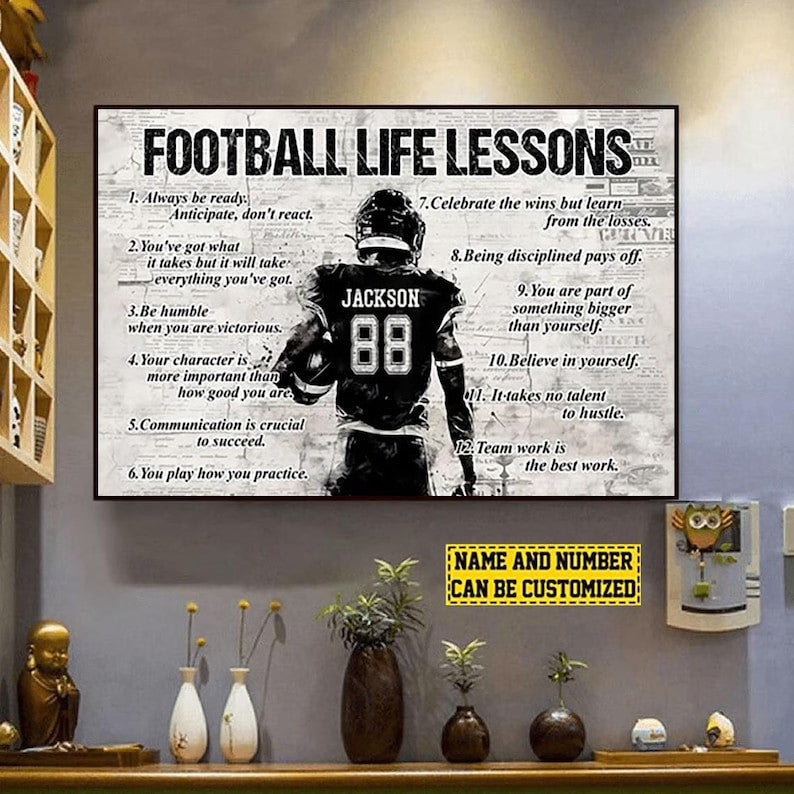Football Life Lessons, Personalized Motivational Football Boy Canvas Painting, Inspirational Quotes Art, Poster Gift For Football Lovers