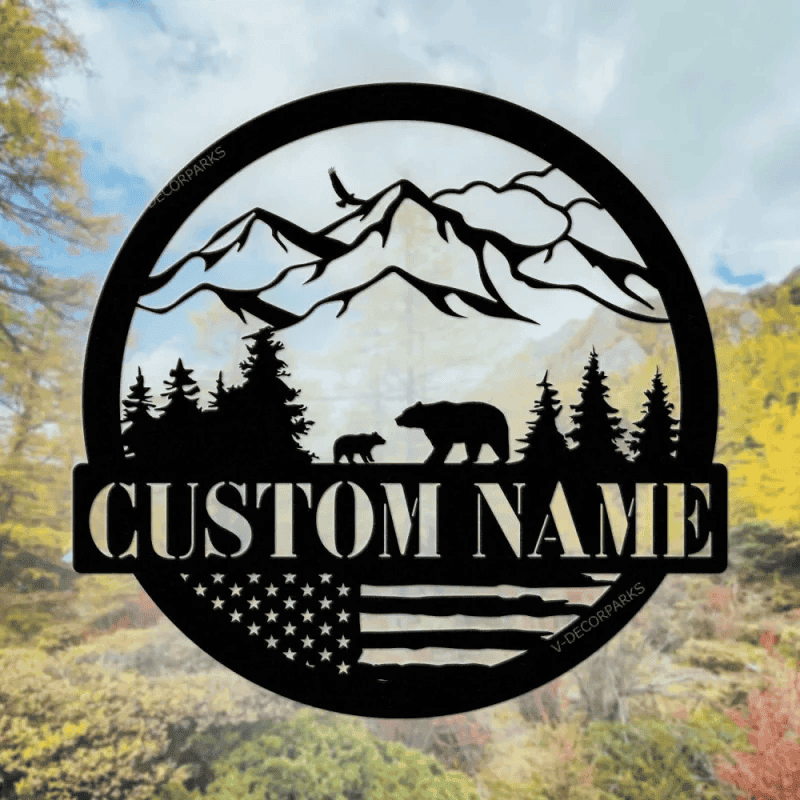Bear Metal Sign New, Personalized Bear Sign,great Outdoor, Bear In Woods Cabin Sign, Family Name Black Bear Sign, Custom Bear Metal Sign