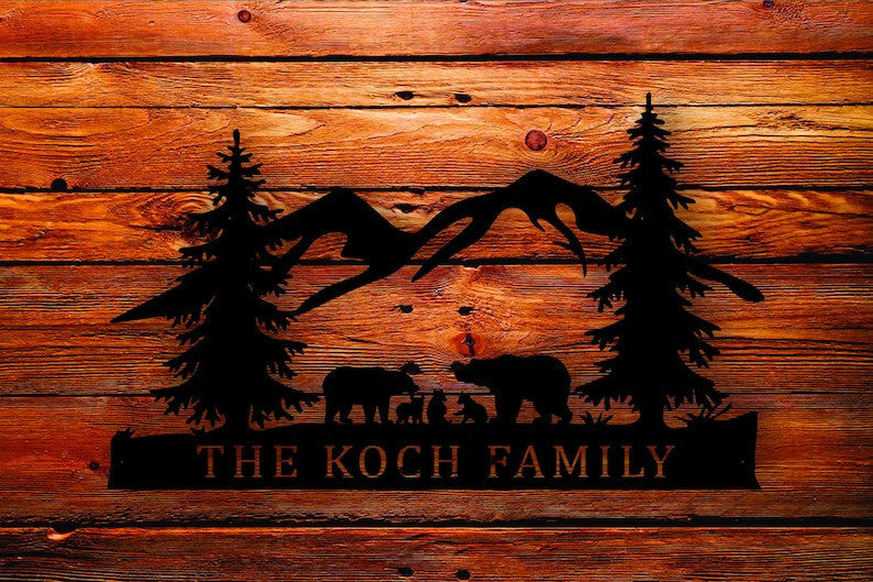 Bear Custom Name Family Scene Themed Steel Wall Art Sign