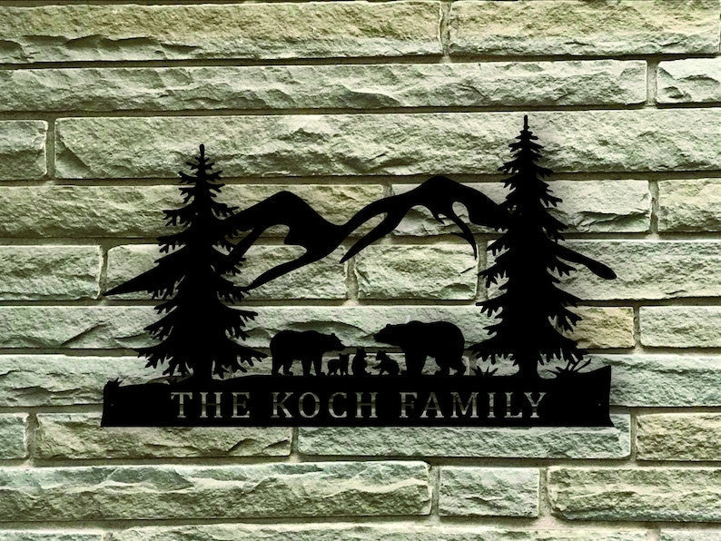 Bear Custom Name Family Scene Themed Steel Wall Art Sign