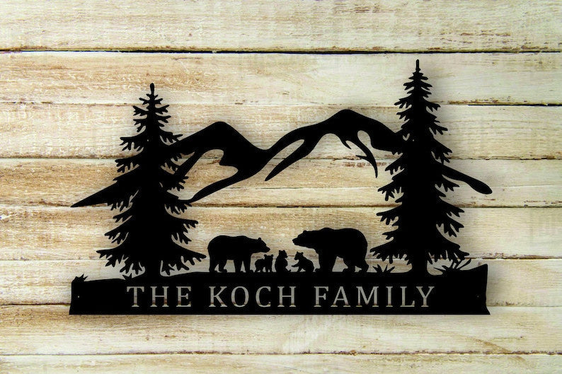 Bear Custom Name Family Scene Themed Steel Wall Art Sign