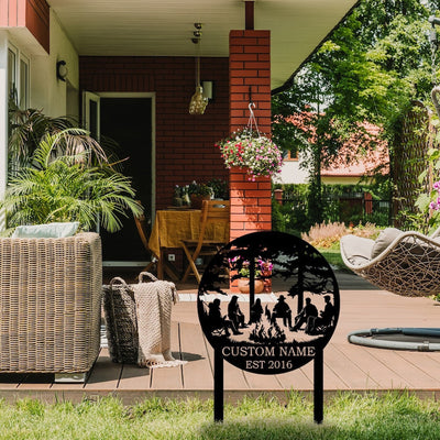 Personalized Campsite Metal Sign with Stakes, Custom Garden Art, Camper Cabin Sign, Outdoor Campfire Decor, Family Name Sign, Camping Gifts