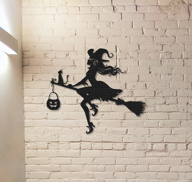 Witch Flying on a Broomstick Metal Sign, Halloween Gift, Halloween Door Decor, Witch Halloween Decor, Witch on a broom wall art, Door Hanger