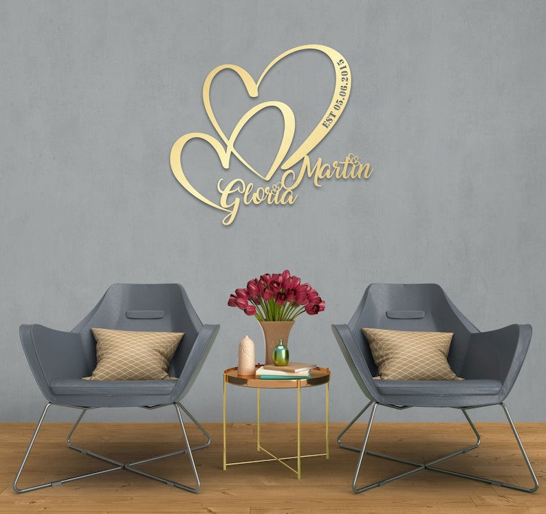 Personalized Wedding Gift for Couple, Metal Heart Sign with Name and Date, Wedding Date Sign, Engagement Announcement Sign, Anniversary Gift