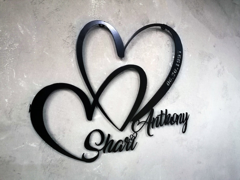 Personalized Wedding Gift for Couple, Metal Heart Sign with Name and Date, Wedding Date Sign, Engagement Announcement Sign, Anniversary Gift
