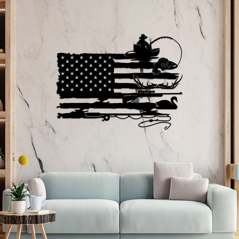 Fishing and Hunting American Flag Metal Sign with Led Light, Father's Day Gift, Birthday Gift for Dad Grandpa, Fisherman Hunter Home Decor