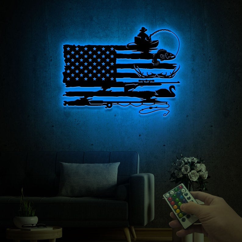 Fishing and Hunting American Flag Metal Sign with Led Light, Father's Day Gift, Birthday Gift for Dad Grandpa, Fisherman Hunter Home Decor