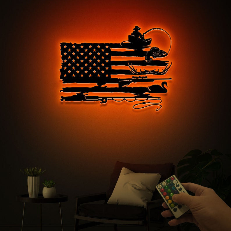 Fishing and Hunting American Flag Metal Sign with Led Light, Father's Day Gift, Birthday Gift for Dad Grandpa, Fisherman Hunter Home Decor