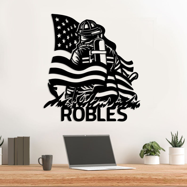 Custom Firefighter American Flag Metal Sign with Led Lights, Father's Day Gift for Fireman, Birthday Retirement Gift for Dad Husband