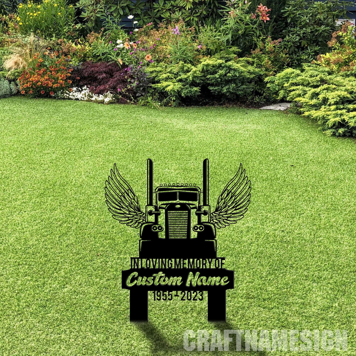 Personalized Semi Truck Trucker Truck Driver Angel Wings Memorial Stake Trucker Metal Stake Sympathy Sign Remembrance Stake Grave Marker