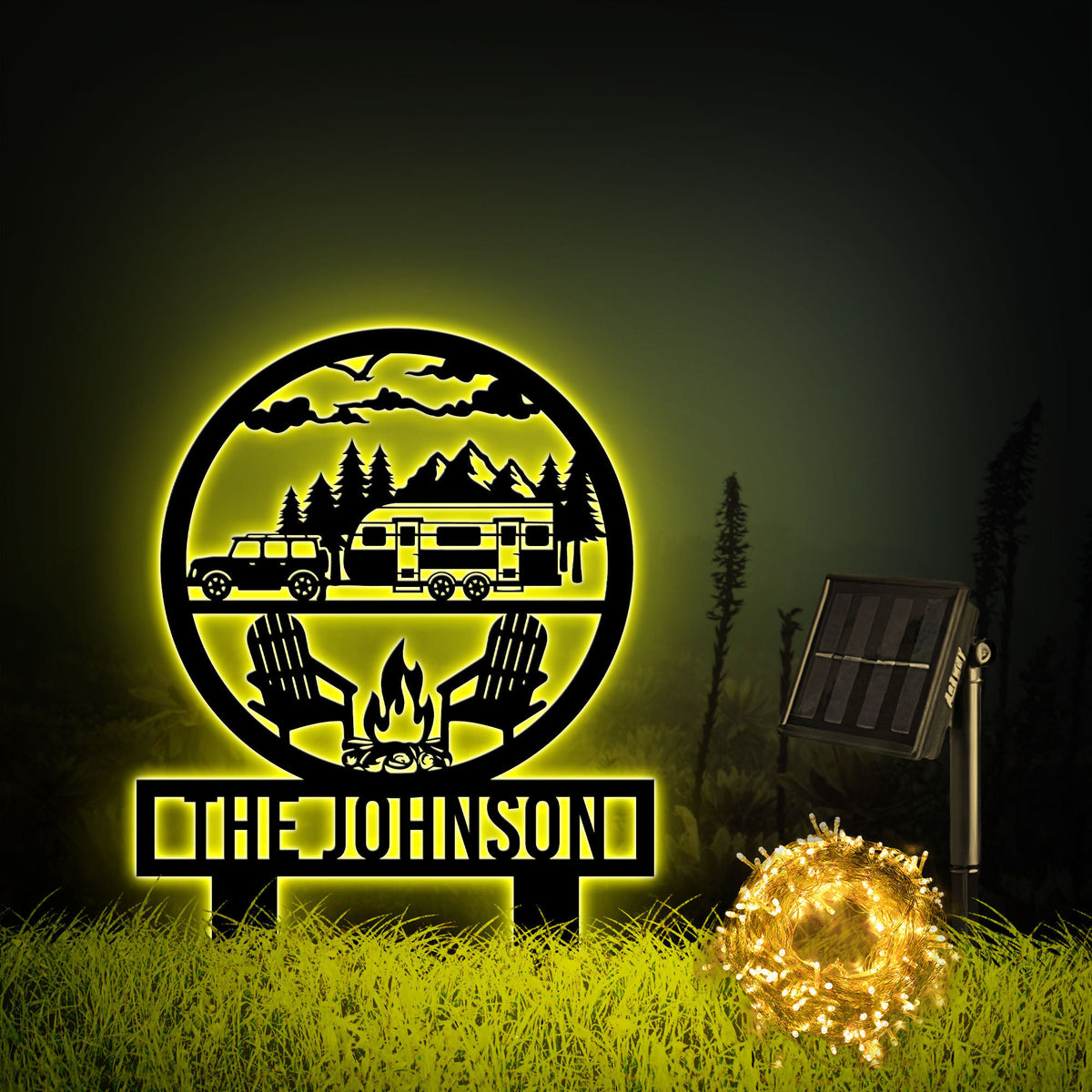 Custom Happy Campers Metal Yard Sign With Solar Lights Camping Car Trailer Stake Campsite Decor Rv Decor Family Name Sign Outdoor Decor