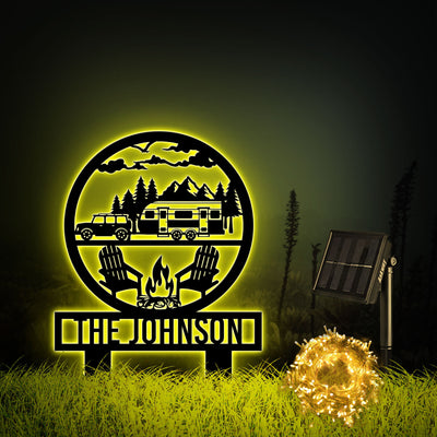 Custom Happy Campers Metal Yard Sign With Solar Lights Camping Car Trailer Stake Campsite Decor Rv Decor Family Name Sign Outdoor Decor