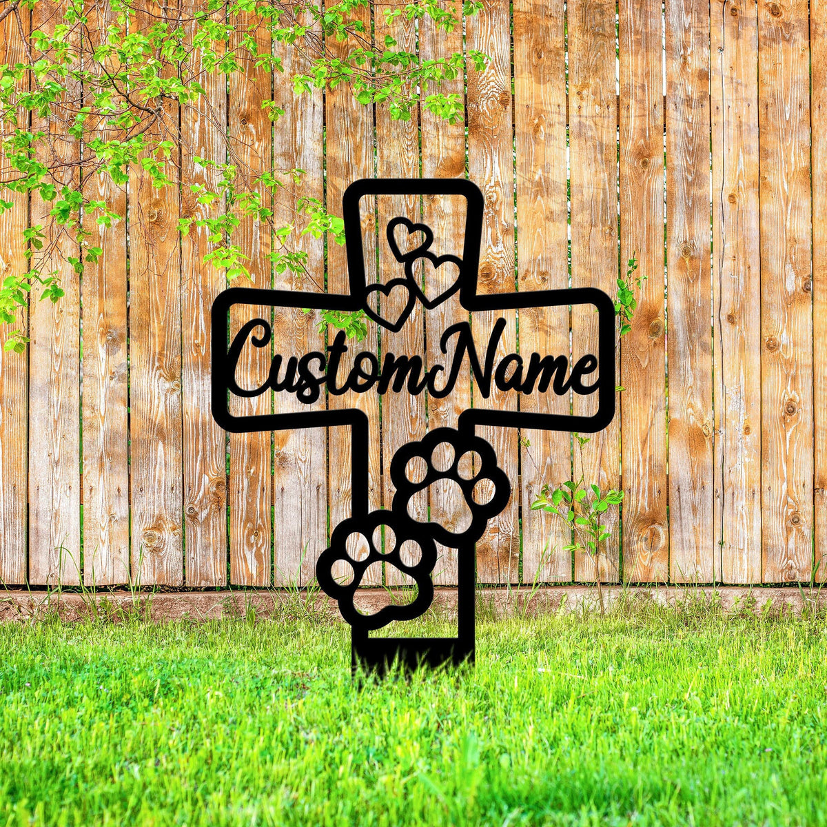 Custom Pet Paw Print Memorial Cross Stake Metal Loss Of Dog Or Cat Cross With Hearts Grave Marker Cemetery Stake In Memory Of Gifts