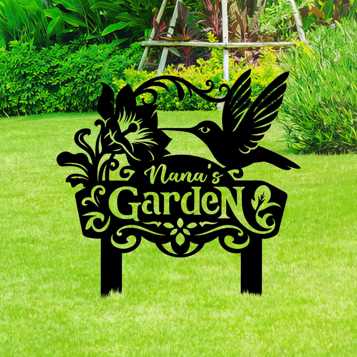 Personalized Garden Sign With Stakes Metal Garden Name Sign Hummingbird Garden Decor Outdoor Decor Gardener Gift Grandma Nana Gift