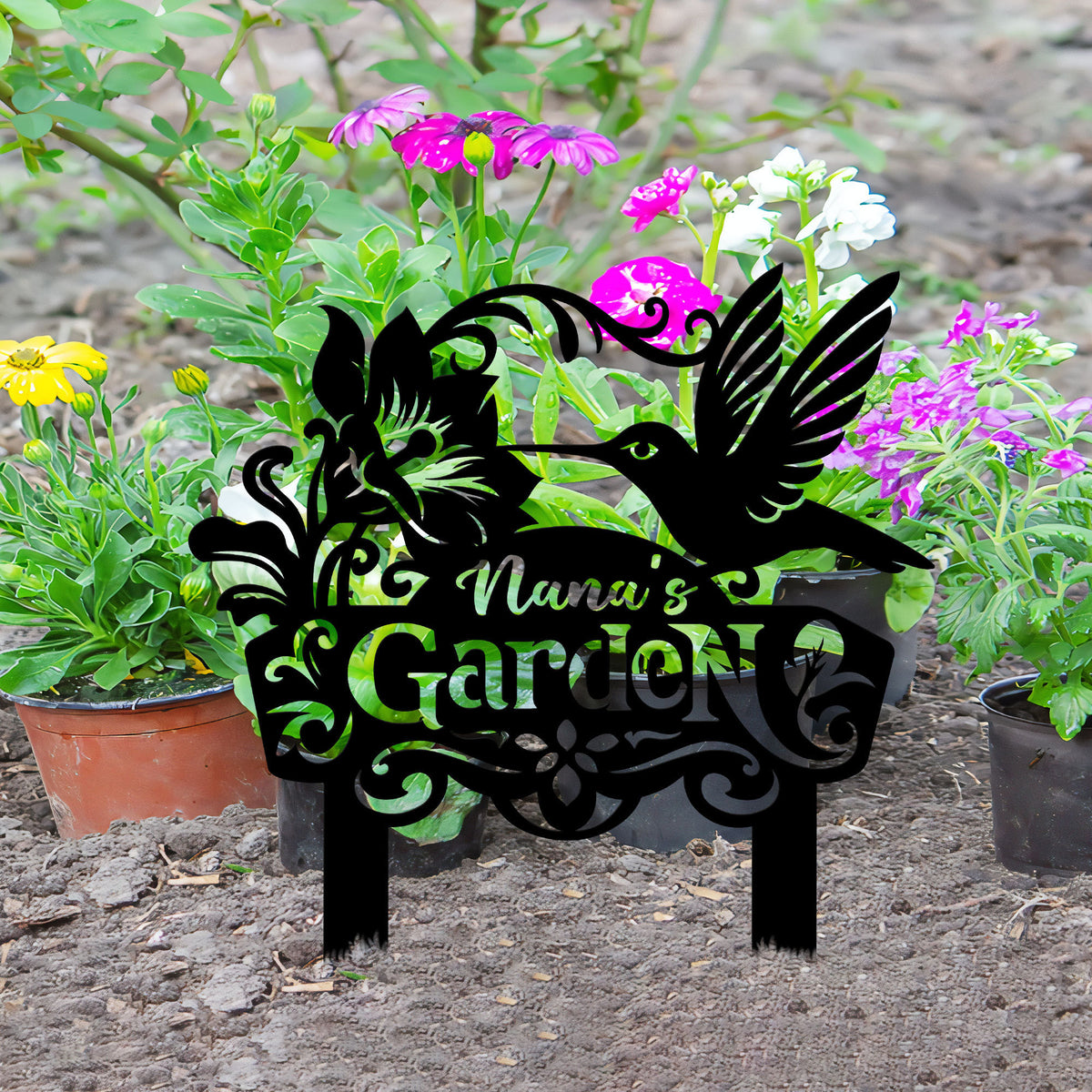 Personalized Garden Sign With Stakes Metal Garden Name Sign Hummingbird Garden Decor Outdoor Decor Gardener Gift Grandma Nana Gift