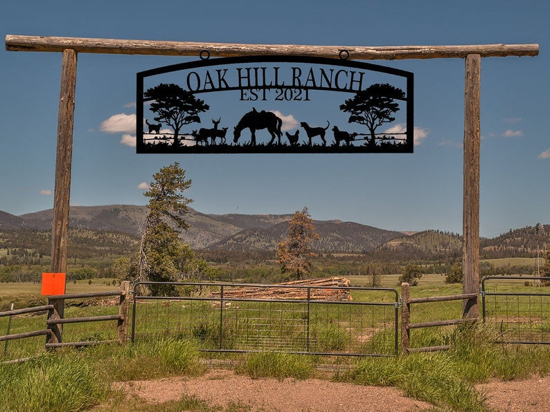 Custom Ranch Sign With Horse and Dogs, Farm Sign, Large Gate Sign, Entrance Sign, Dog Farm, Farm Name Sign, Dogs, Horse, Cow Family