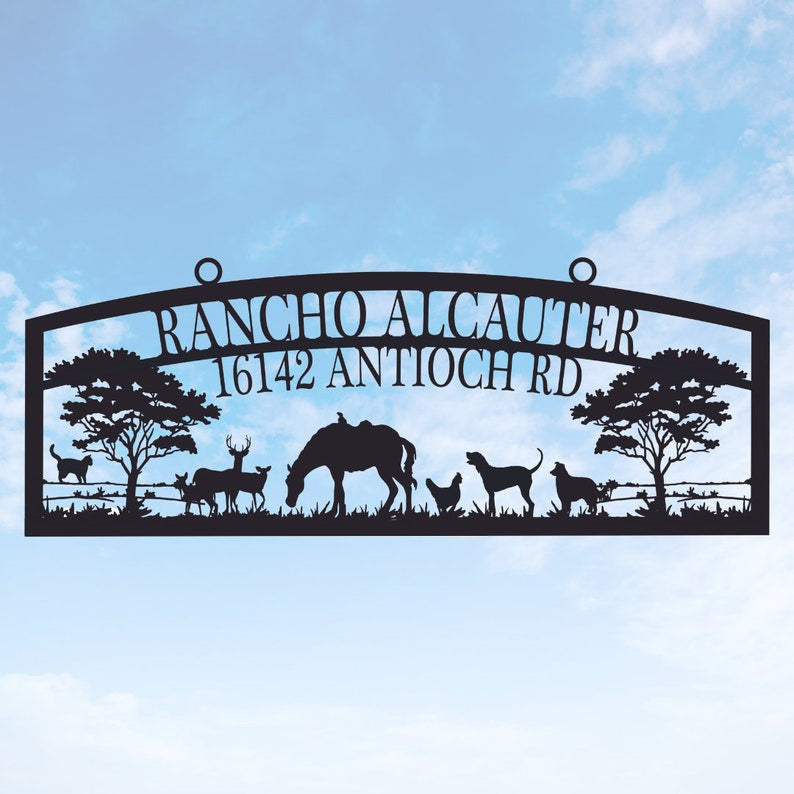 Custom Ranch Sign With Horse and Dogs, Farm Sign, Large Gate Sign, Entrance Sign, Dog Farm, Farm Name Sign, Dogs, Horse, Cow Family