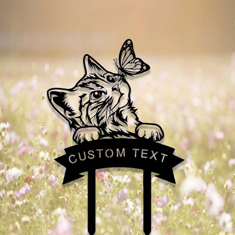 Cat With Butterfly Cat Grave Marker Garden Stakes Cat Memorial Gift Cemetery Decor Custom Metal Signs