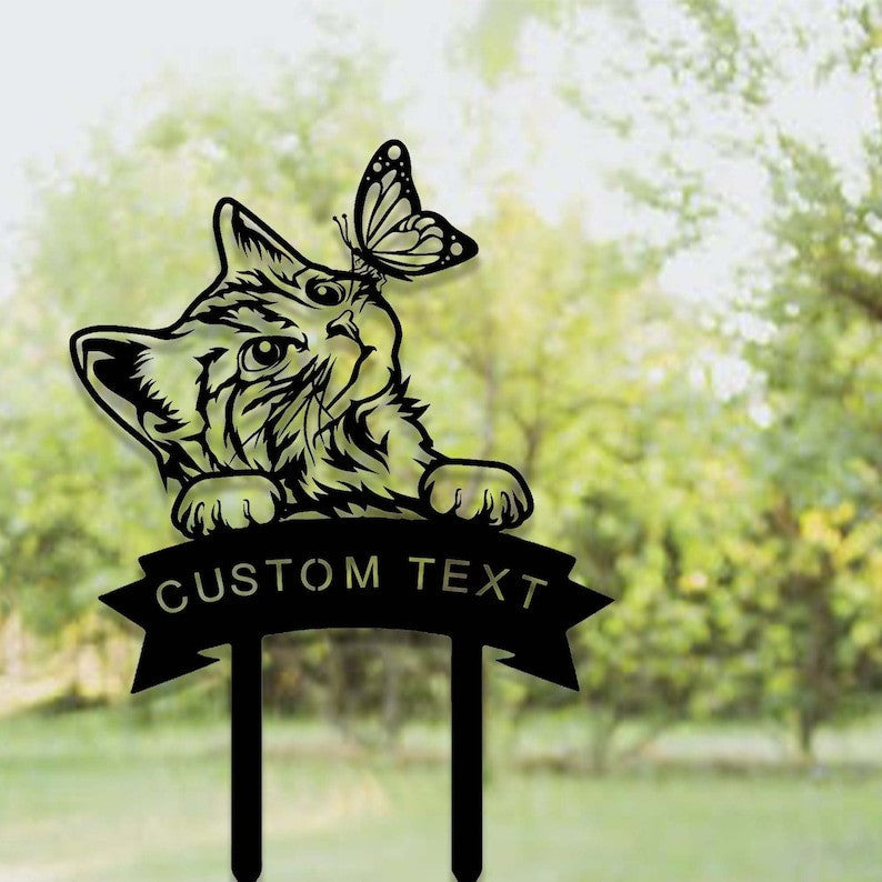 Cat With Butterfly Cat Grave Marker Garden Stakes Cat Memorial Gift Cemetery Decor Custom Metal Signs