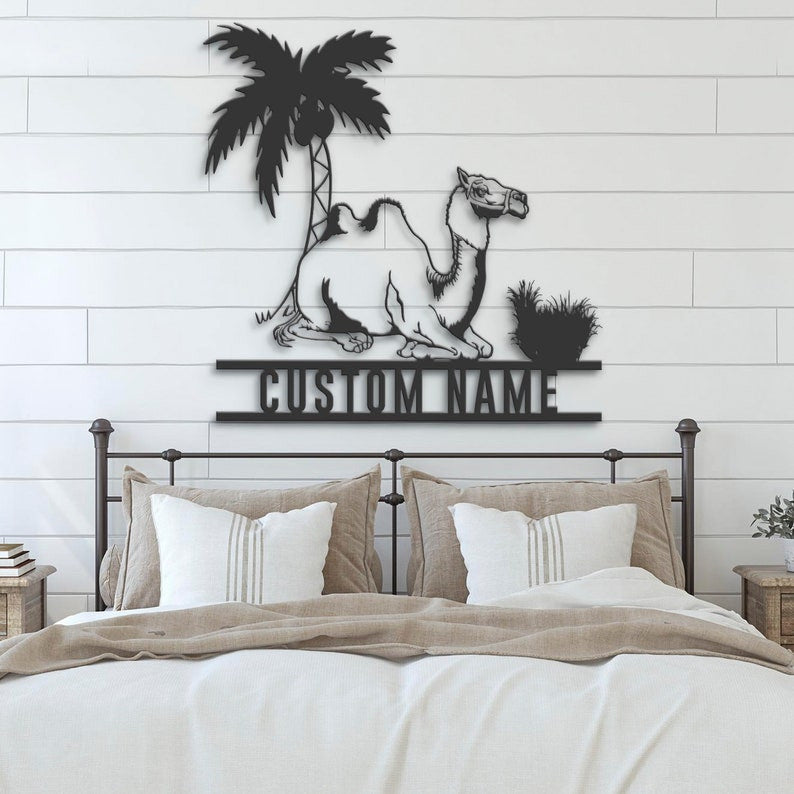 Custom Bactrian Camel Metal Wall Art LED Light Personalized Mongolian Camel Name Sign Home Decor Two Humped Camel Kid Nursery Decoration