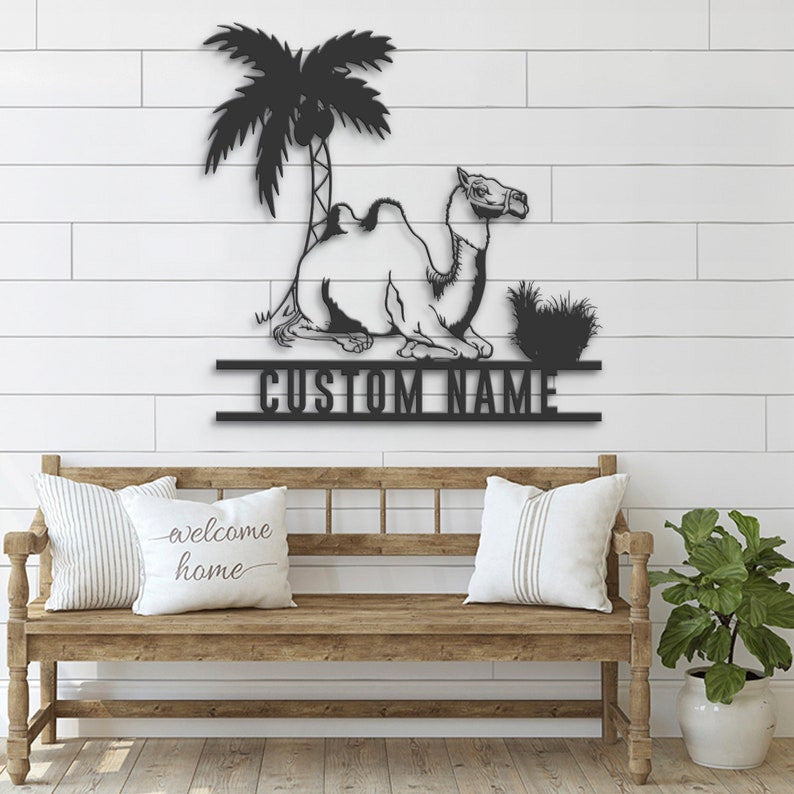 Custom Bactrian Camel Metal Wall Art LED Light Personalized Mongolian Camel Name Sign Home Decor Two Humped Camel Kid Nursery Decoration