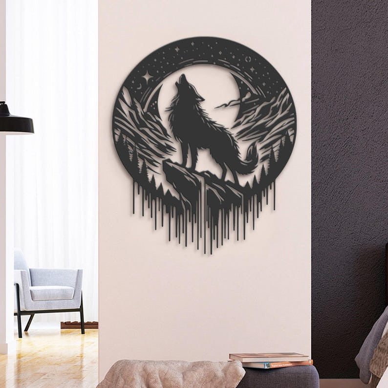 Wolf On The Moon Metal Wall Art LED Light Howling Wolf Sign Home Decor Kid Nursery Decoration Man Cave Christmas Housewarming Birthday Gift