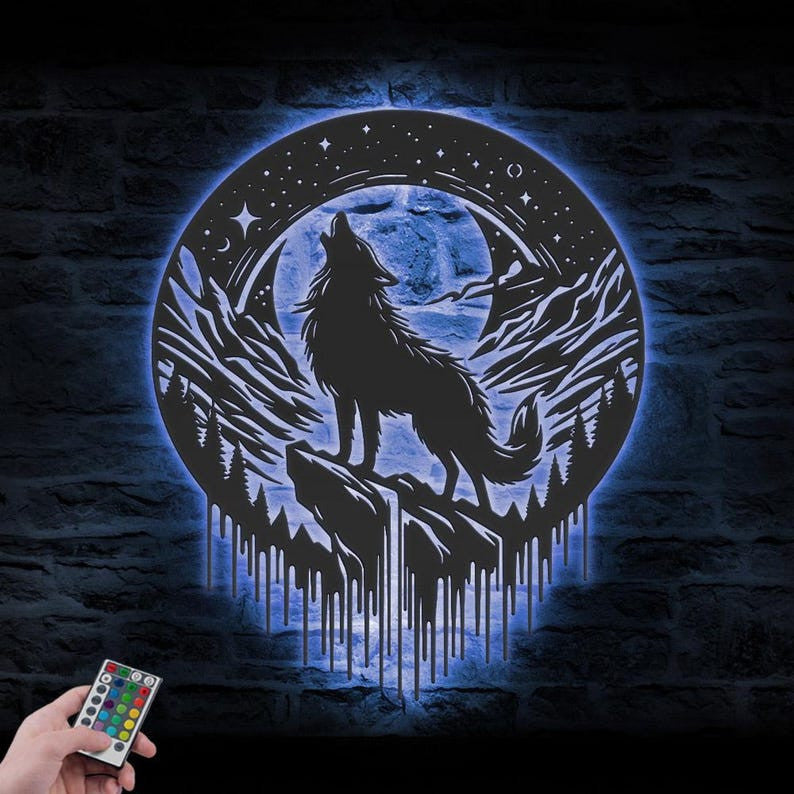 Wolf On The Moon Metal Wall Art LED Light Howling Wolf Sign Home Decor Kid Nursery Decoration Man Cave Christmas Housewarming Birthday Gift