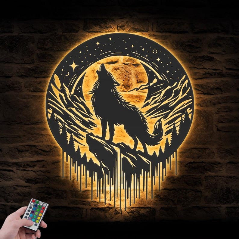 Wolf On The Moon Metal Wall Art LED Light Howling Wolf Sign Home Decor Kid Nursery Decoration Man Cave Christmas Housewarming Birthday Gift