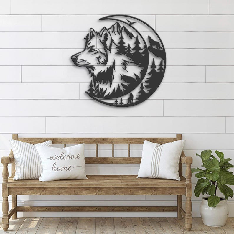 Wolf On The Moon Metal Wall Art LED Light Howling Wolf Sign Home Decor Kid Nursery Decoration Man Cave Christmas Housewarming Birthday Gift