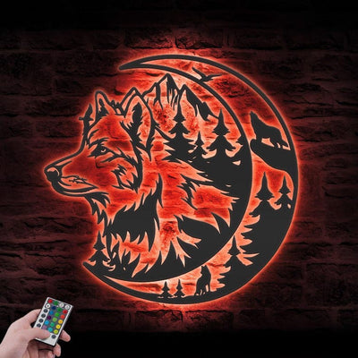 Wolf On The Moon Metal Wall Art LED Light Howling Wolf Sign Home Decor Kid Nursery Decoration Man Cave Christmas Housewarming Birthday Gift