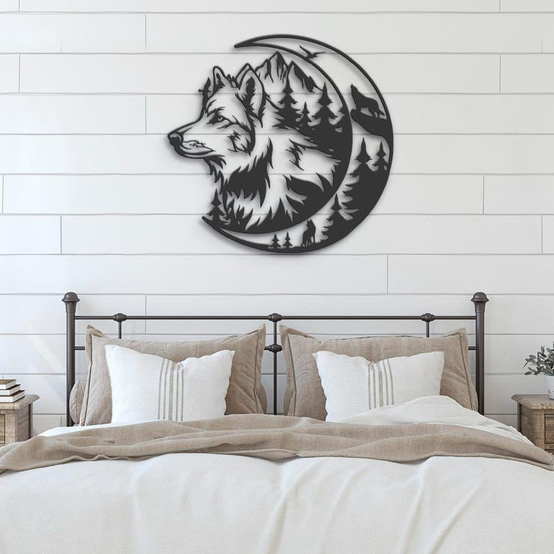 Wolf On The Moon Metal Wall Art LED Light Howling Wolf Sign Home Decor Kid Nursery Decoration Man Cave Christmas Housewarming Birthday Gift