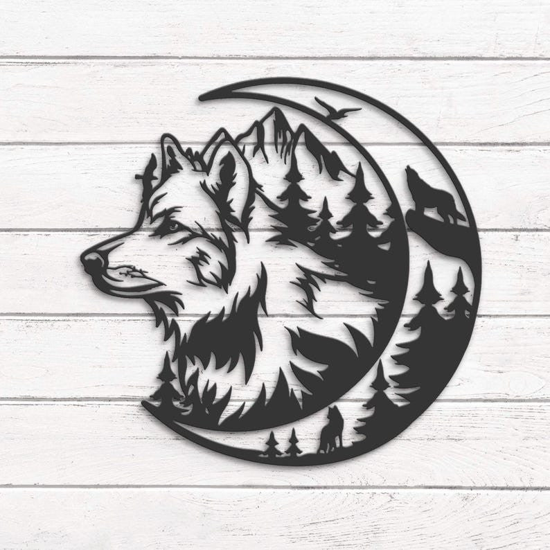 Wolf On The Moon Metal Wall Art LED Light Howling Wolf Sign Home Decor Kid Nursery Decoration Man Cave Christmas Housewarming Birthday Gift