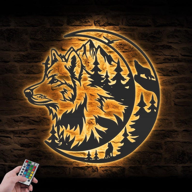Wolf On The Moon Metal Wall Art LED Light Howling Wolf Sign Home Decor Kid Nursery Decoration Man Cave Christmas Housewarming Birthday Gift