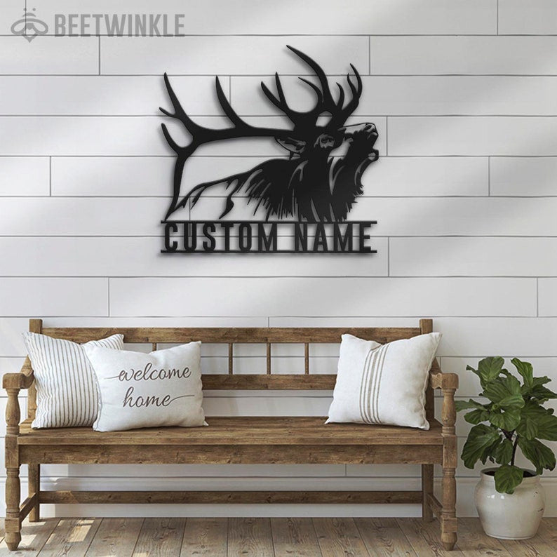 Custom ELK Deer Hunting Metal Wall Art LED Light Personalized Hunter Name Sign Home Decor Antler Cabin Decoration Housewarming Xmas birthday