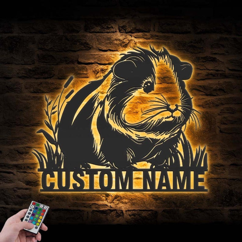 Custom Guinea Pig Metal Wall Art LED Light Personalized Cavy Lover Name Sign Home Decor Kid Nursery Rodent Belonging Animal Decoration Gift