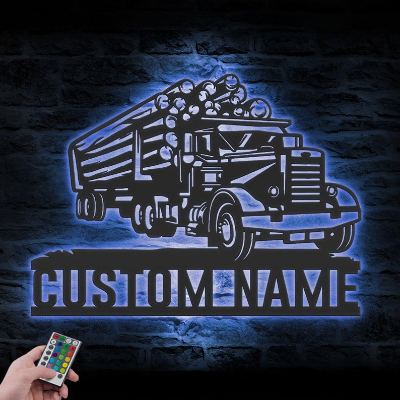 Custom Logging Truck Driver Metal Wall Art LED Light Personalized Trucker Name Sign Home Decor 18 wheeler Decoration Birthday Father's Day